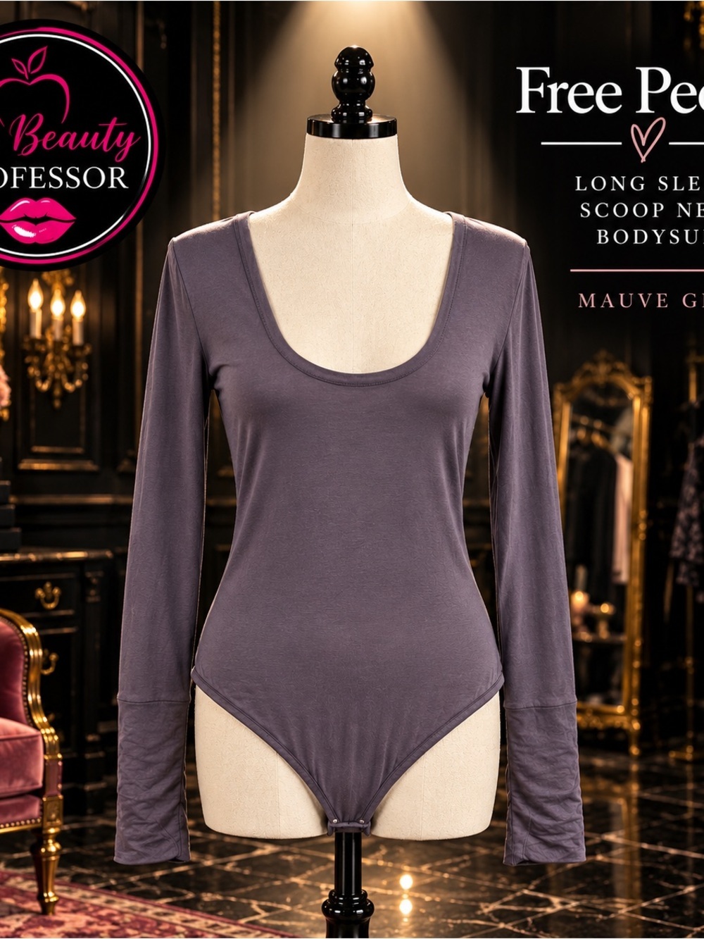 Free People Long Sleeve Scoop Neck Bodysuit in Mauve Gray